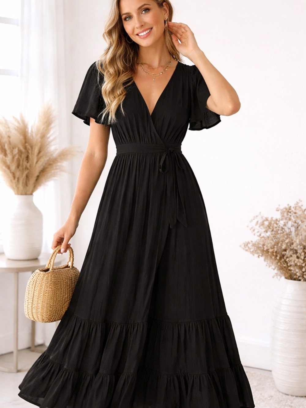 A New Day Black V-Neck Wrap Midi Dress with Flutter Sleeves